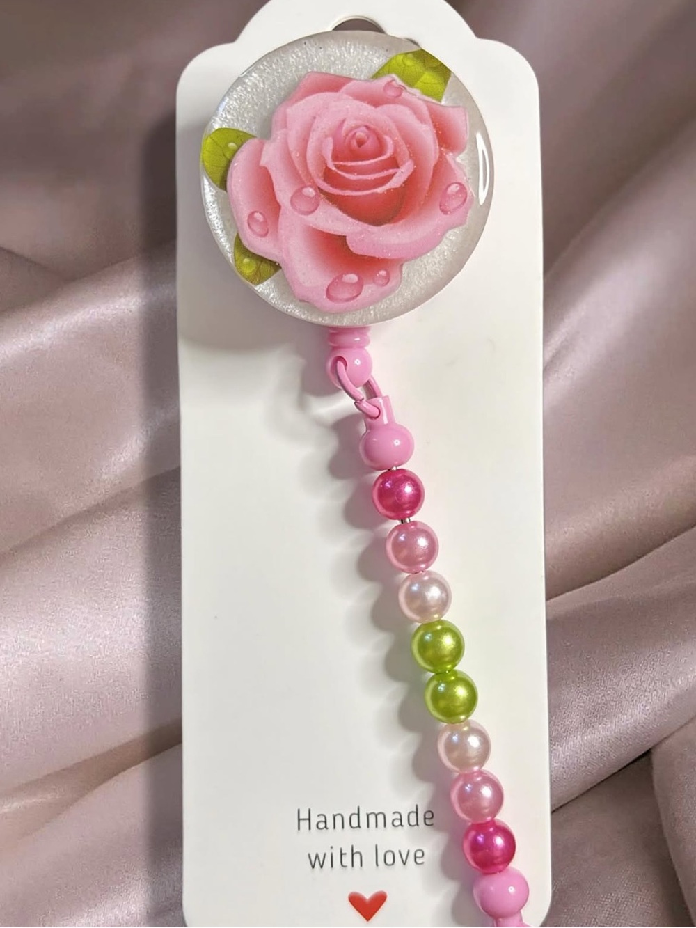 Pink Rose Beaded Badge Reel - Handmade